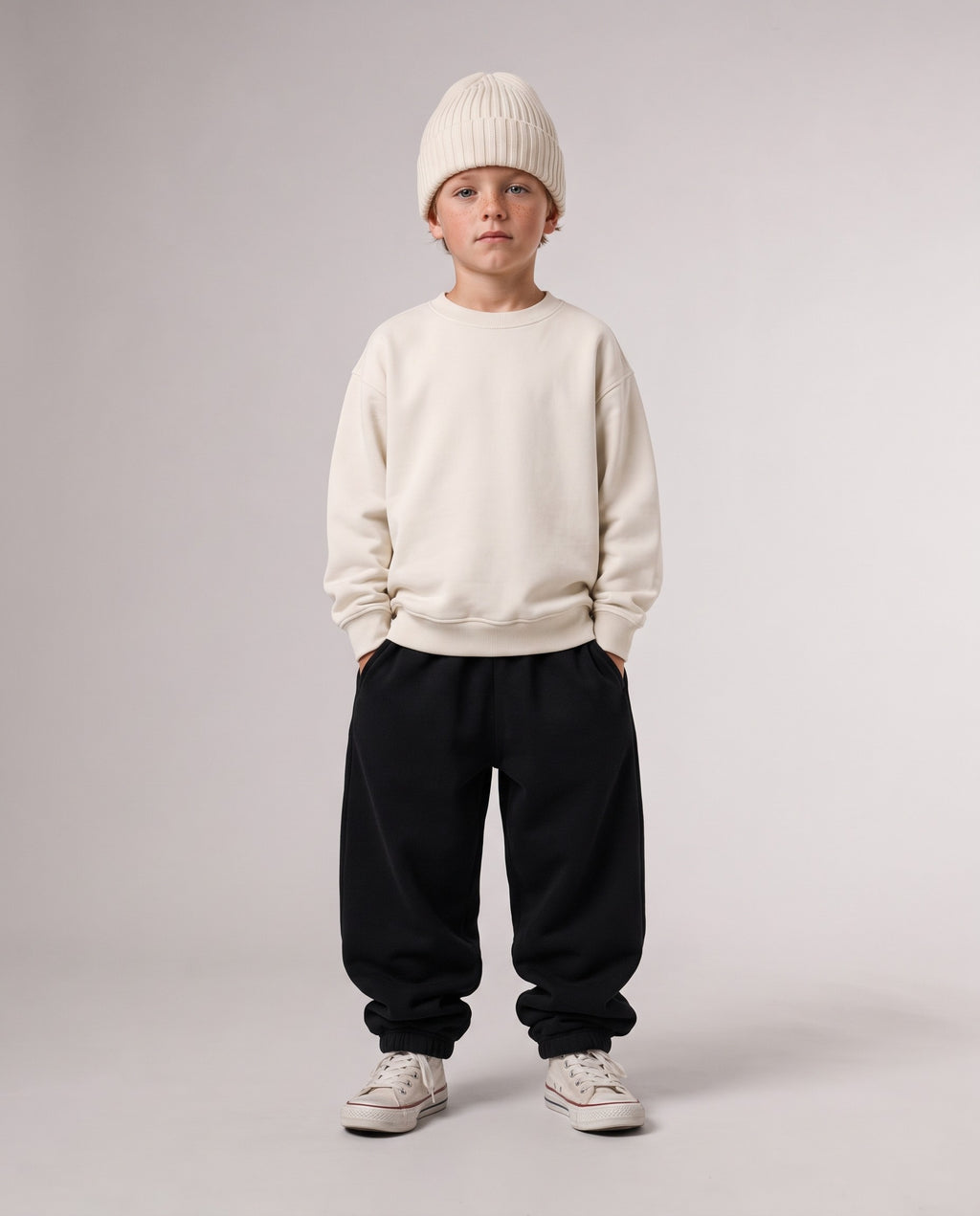 BELOUD Kids Beanie aus Bio-Baumwolle in Almond – kompletter Look