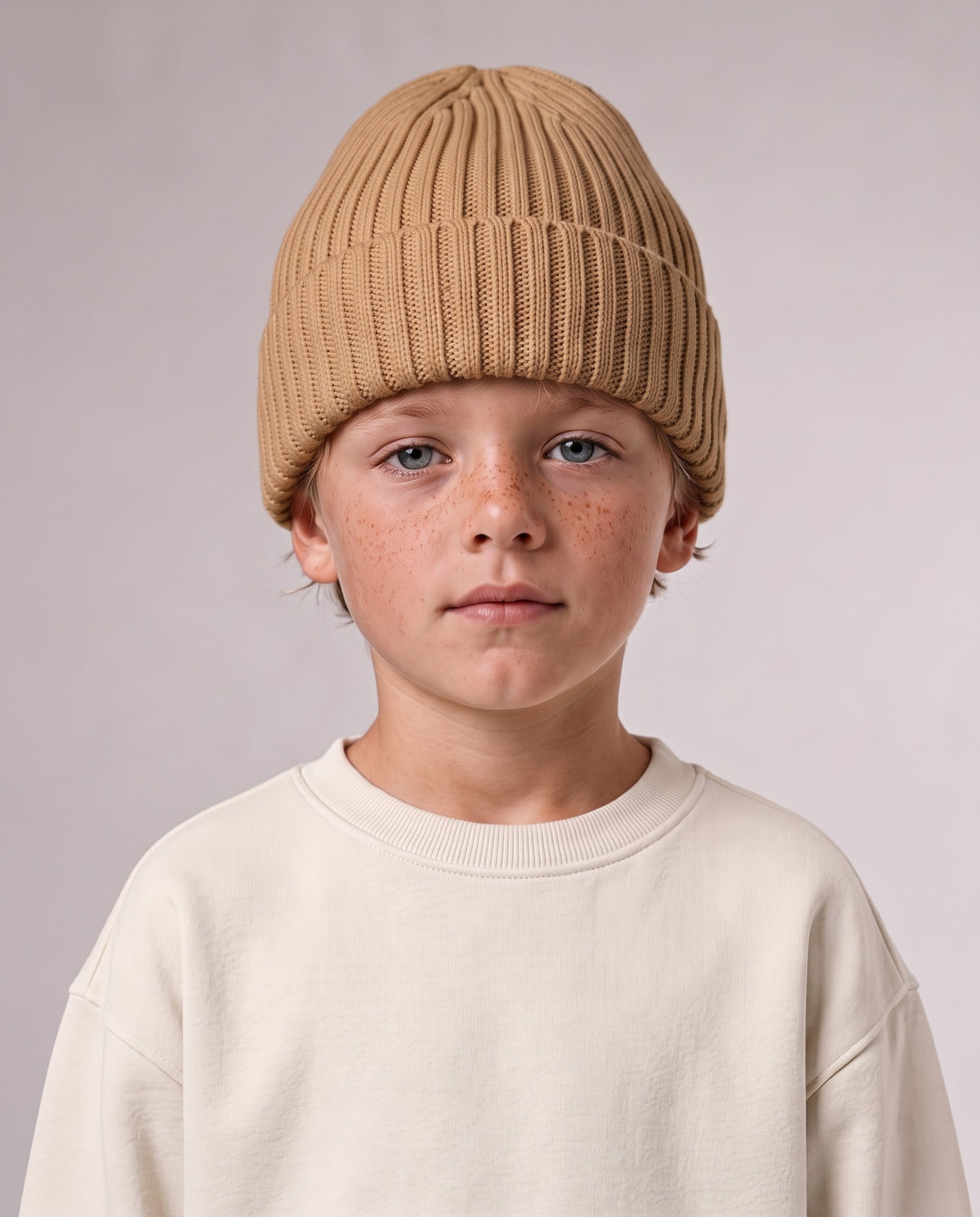 BELOUD Kids Beanie aus Bio-Baumwolle in Biscuit – getragen, Upper Body von vorn