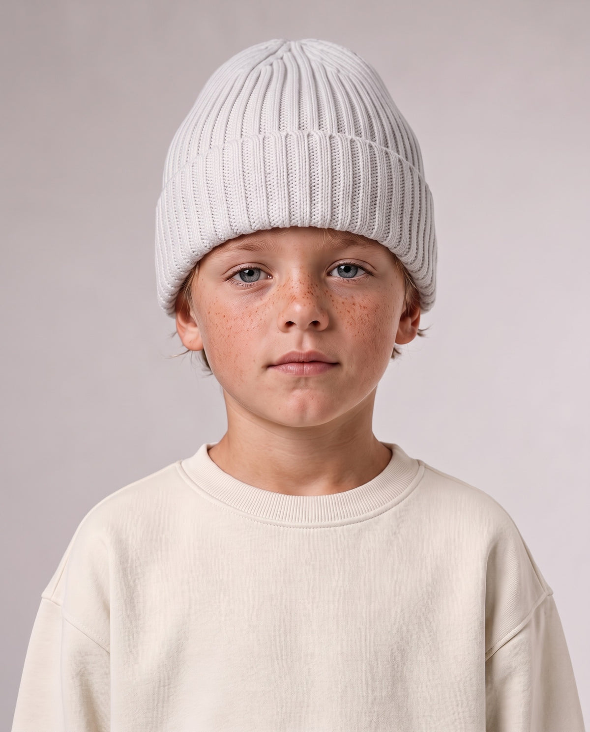 BELOUD Kids Beanie aus Bio-Baumwolle in Cloud Grey – getragen, Upper Body von vorn