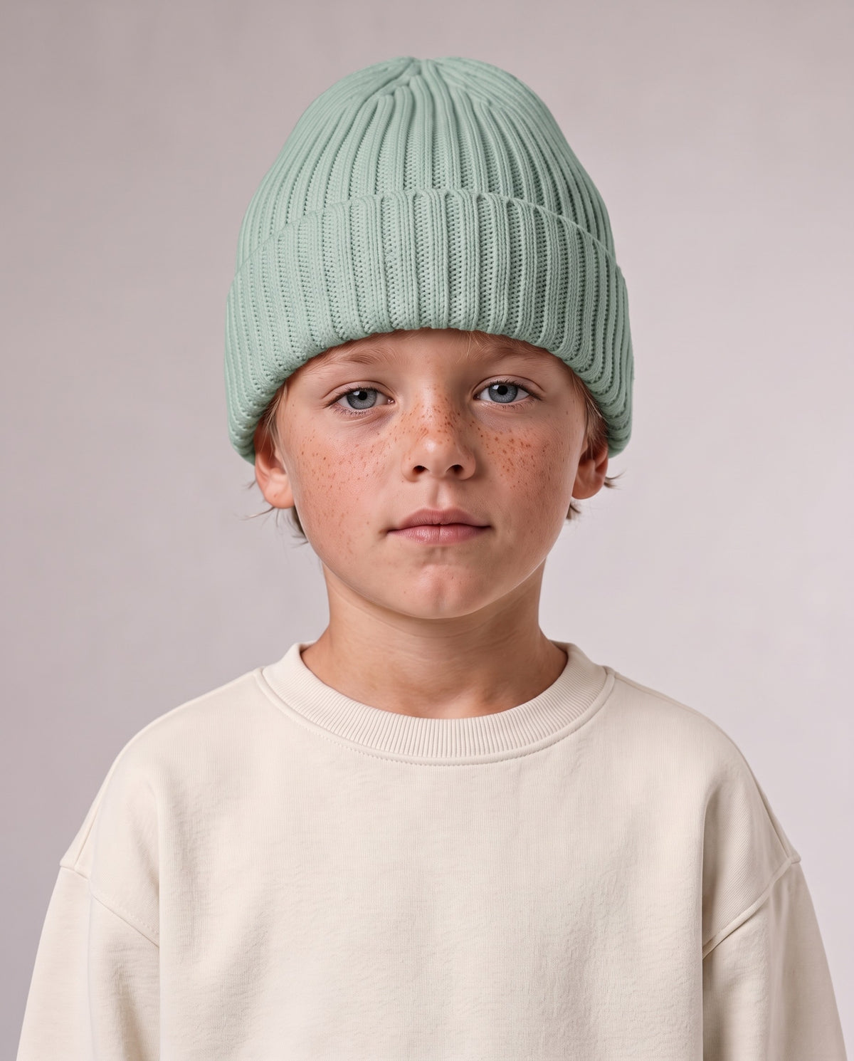 BELOUD Kids Beanie aus Bio-Baumwolle in Dusty Green – getragen, Upper Body von vorn