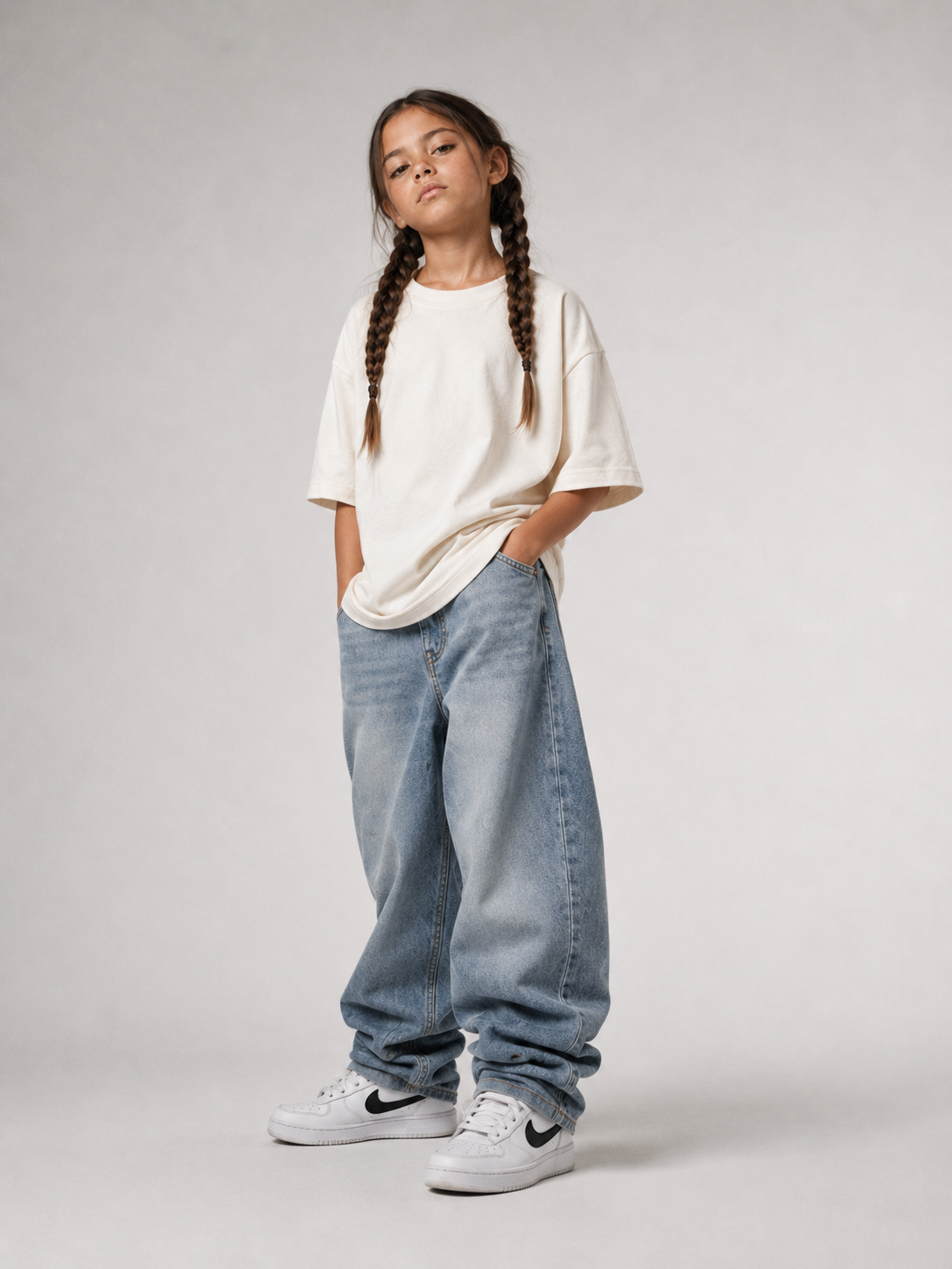 Mädchen im cremefarbenen ABC Oversize Shirt von BELOUD mit schwarzem Spray-Backprint