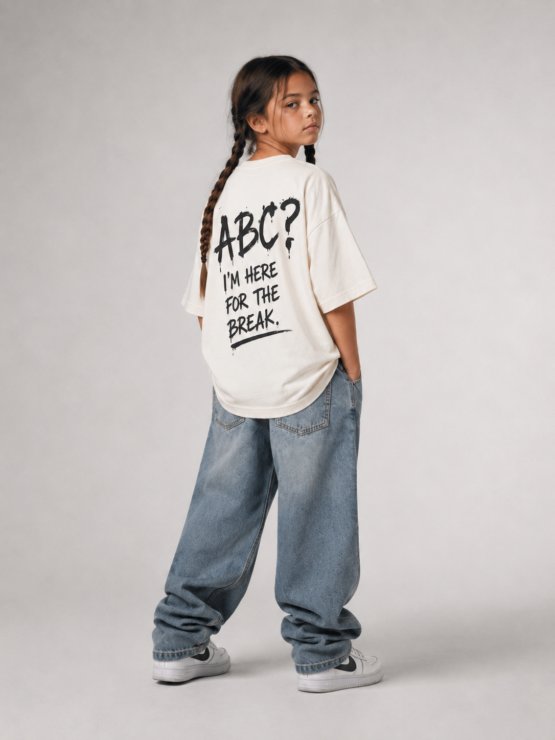 Mädchen im cremefarbenen ABC Oversize Shirt von BELOUD mit schwarzem Spray-Backprint