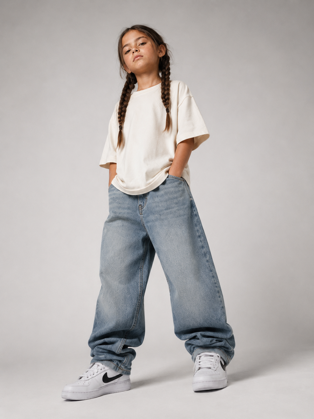 Mädchen im cremefarbenen ABC Oversize Shirt von BELOUD mit schwarzem Spray-Backprint