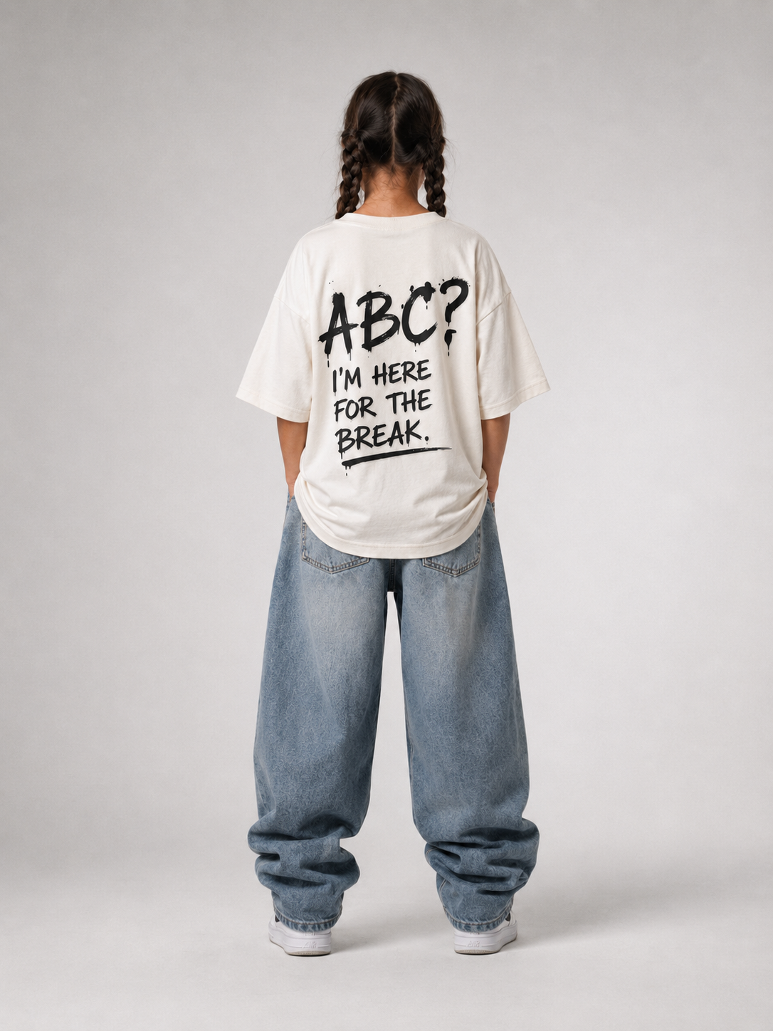 Mädchen in Ganzkörperansicht von hinten im cremefarbenen ABC Oversize Shirt von BELOUD