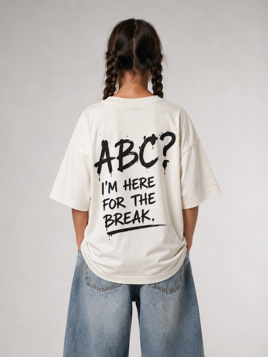 Mädchen von hinten im cremefarbenen ABC Oversize Shirt von BELOUD mit schwarzem Spray-Backprint