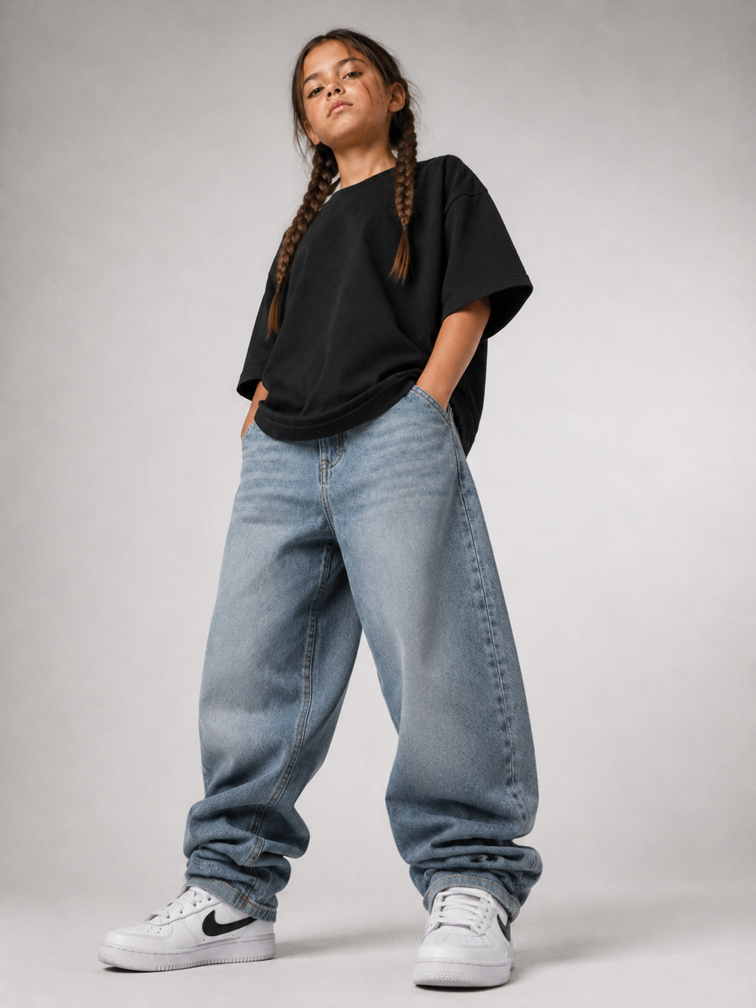 Mädchen im schwarzen BIG MOOD Oversize Shirt von BELOUD mit Drop-Shoulder-Schnitt