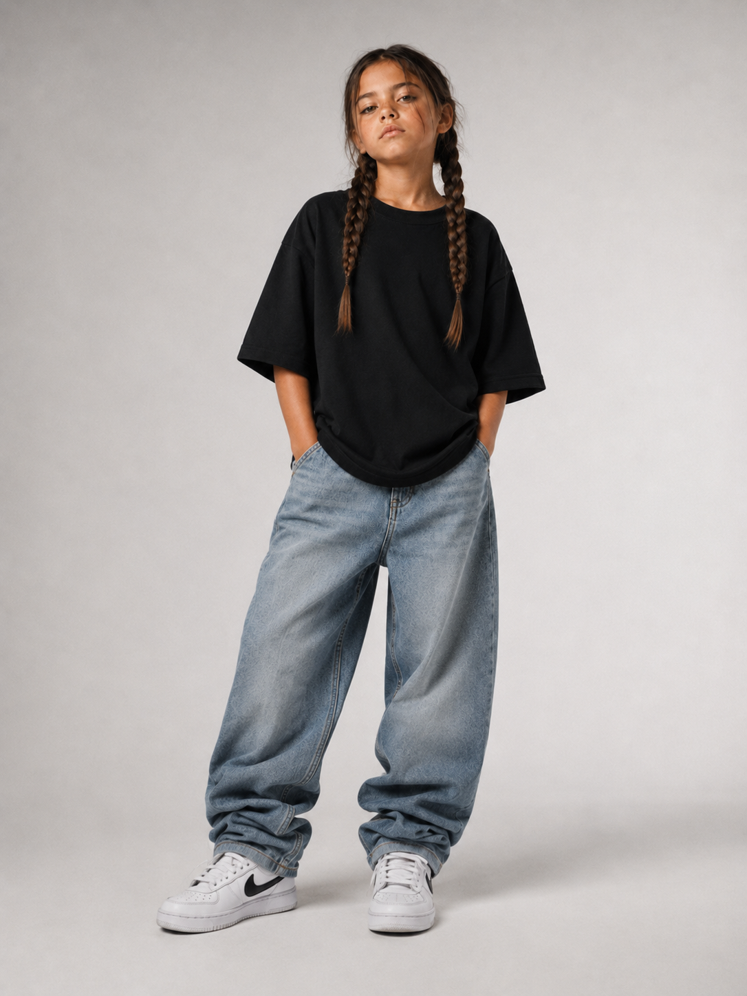 Mädchen von vorne im schwarzen Kids Oversize Shirt von BELOUD mit Drop-Shoulder-Schnitt