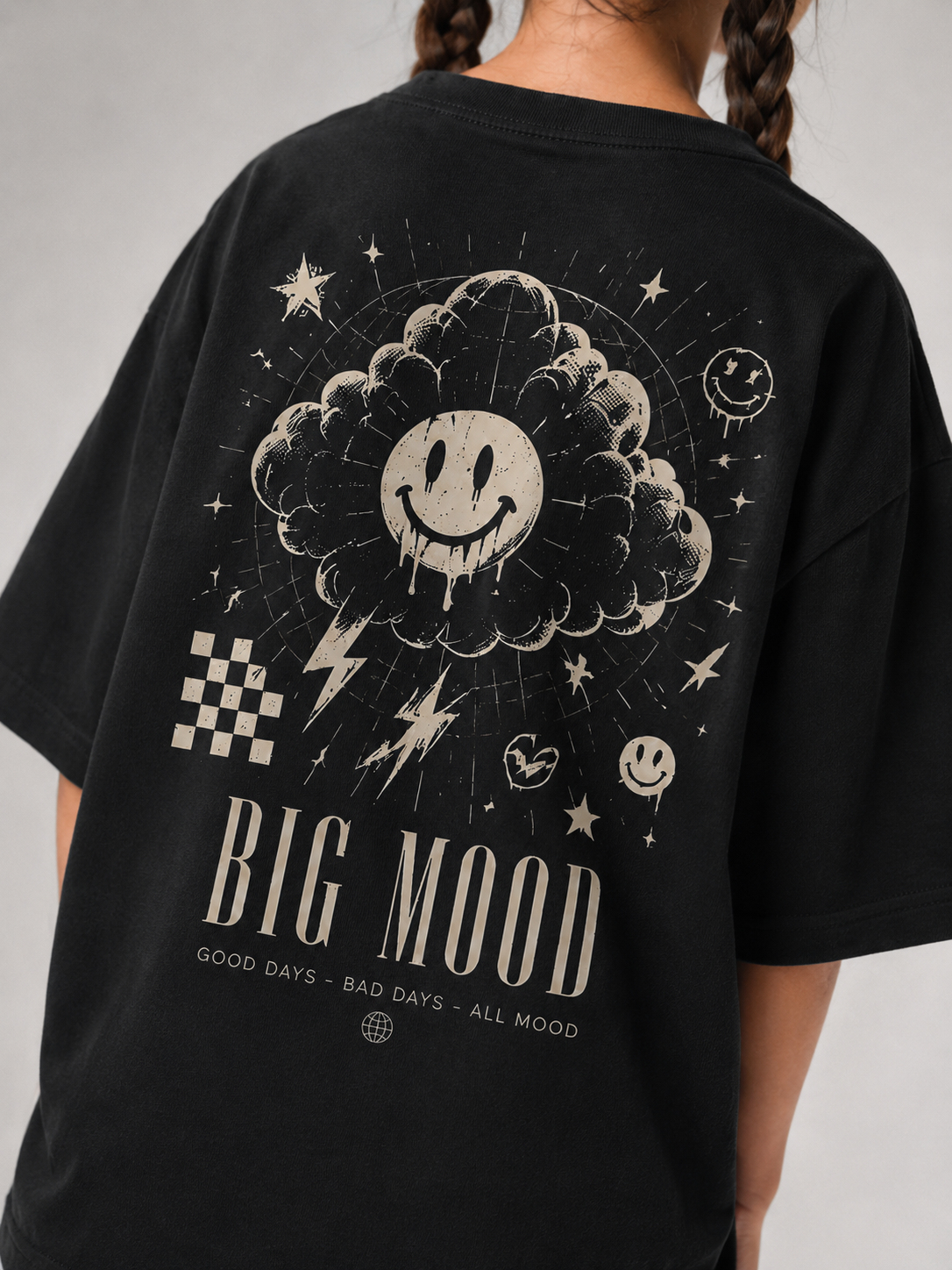 Detailansicht des beigen Grunge-Smiley-Backprints auf dem schwarzen BIG MOOD Oversize Shirt von BELOUD