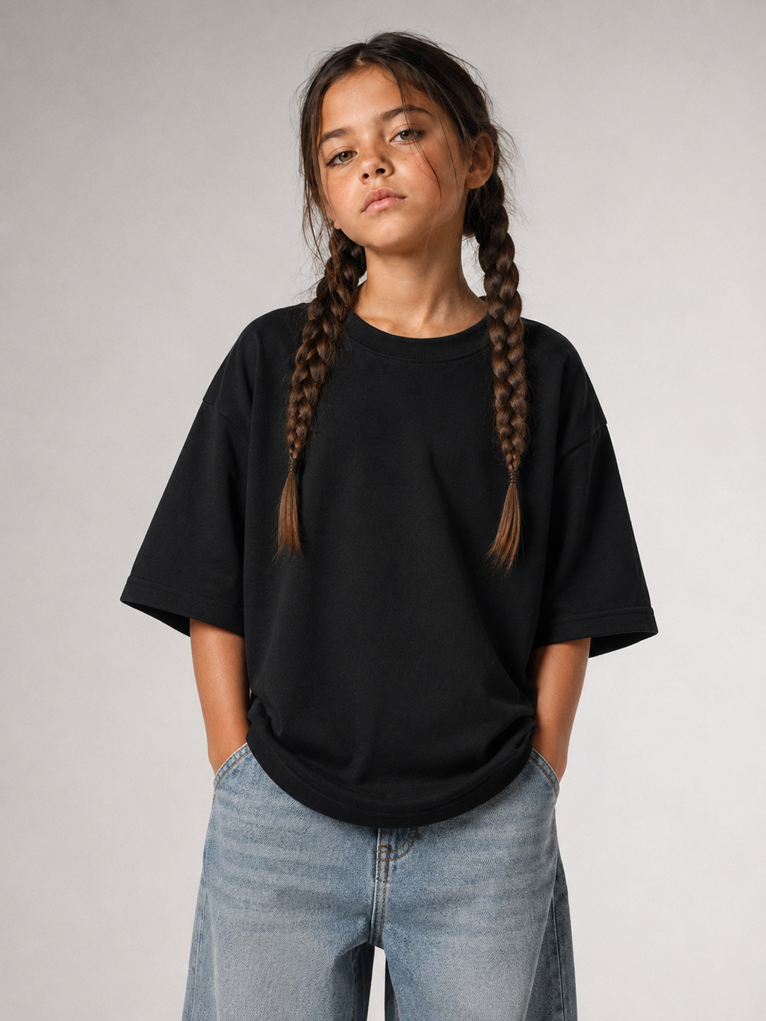 Mädchen von vorne im schwarzen Kids Oversize Shirt von BELOUD mit Drop-Shoulder-Schnitt