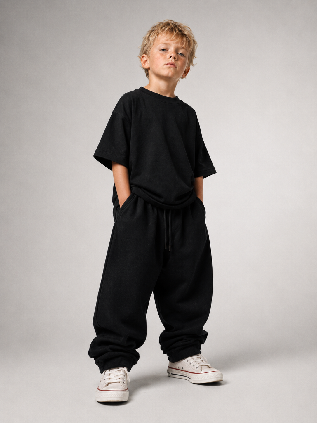 Junge im schwarzen BOLD WILD FREE Oversize Shirt von BELOUD mit Foto-Backprint