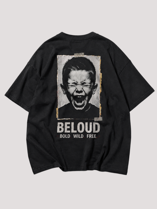 Rückansicht des schwarzen BOLD WILD FREE Oversize Shirts von BELOUD mit Foto-Backprint