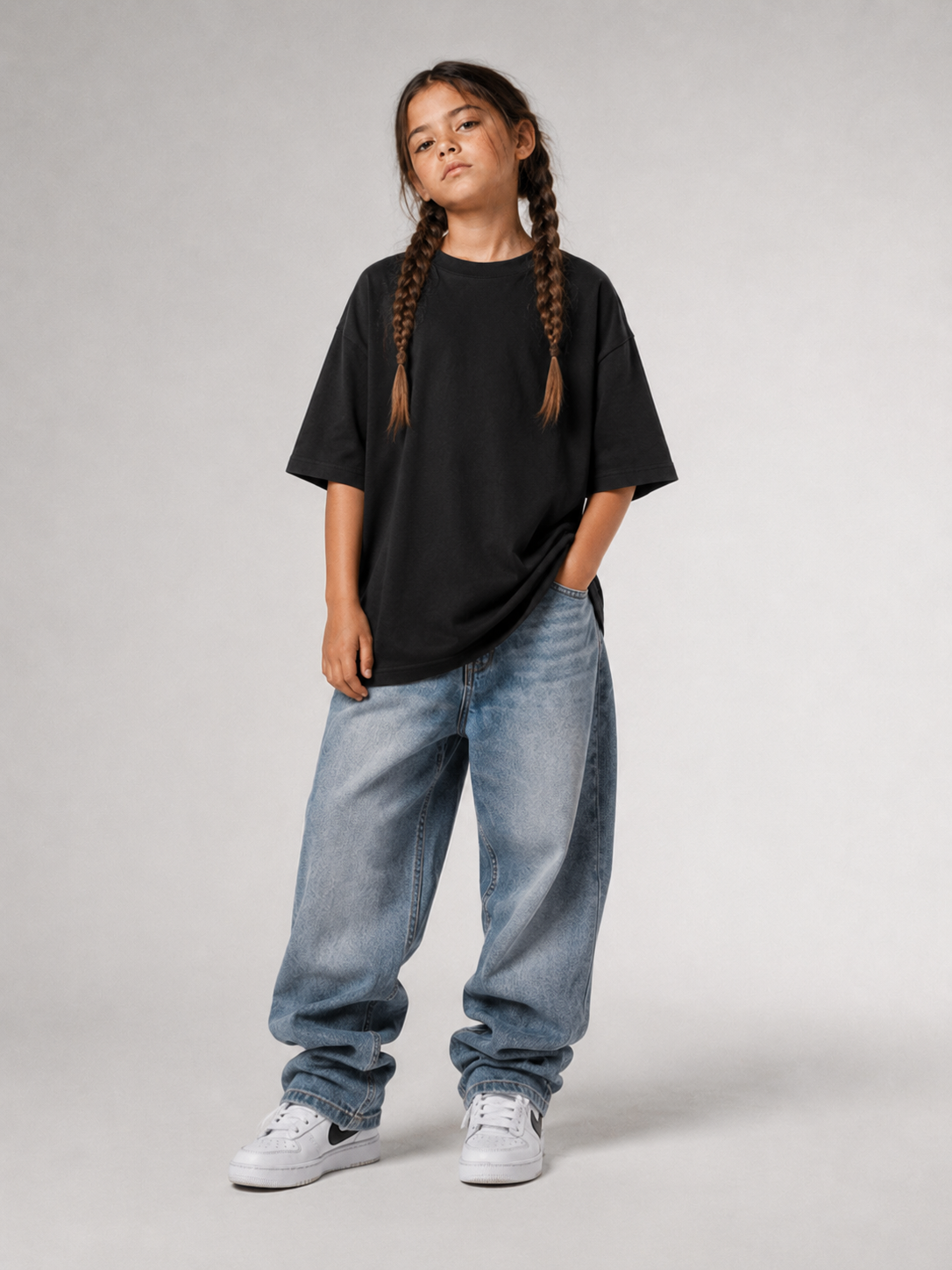 Mädchen im schwarzen BOLD WILD FREE Oversize Shirt von BELOUD mit Foto-Backprint