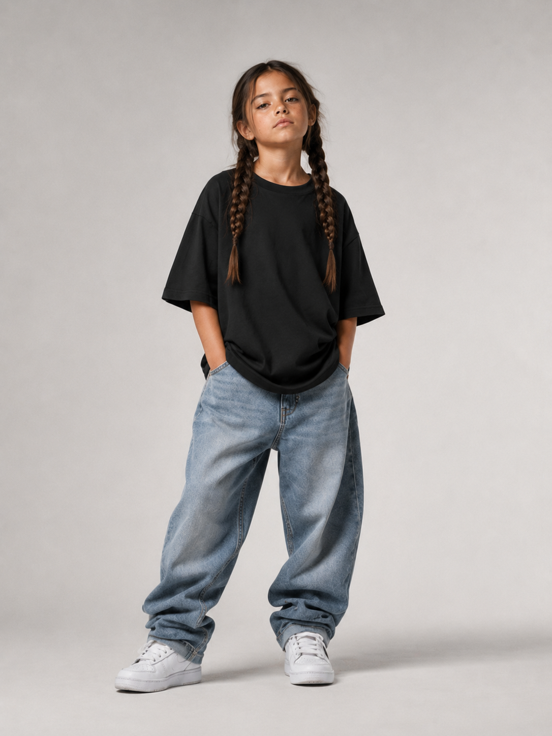 Mädchen im schwarzen BOLD WILD FREE Oversize Shirt von BELOUD mit Foto-Backprint