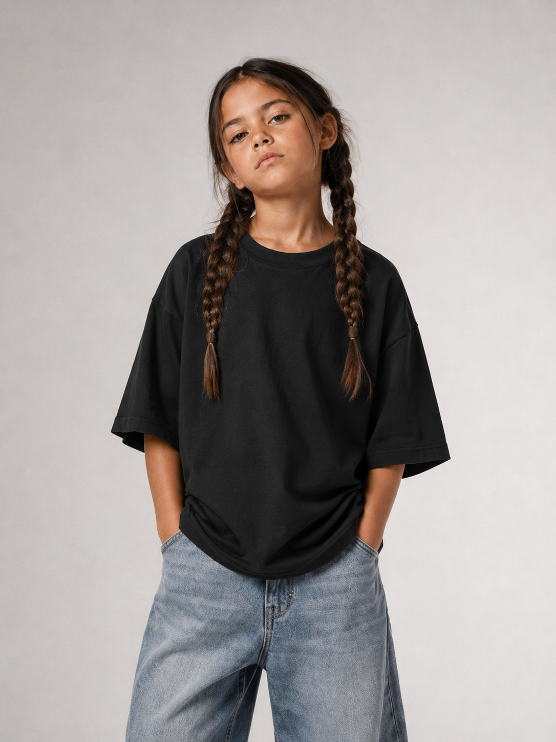Mädchen von vorne im schwarzen Kids Oversize Shirt von BELOUD mit Drop-Shoulder-Schnitt