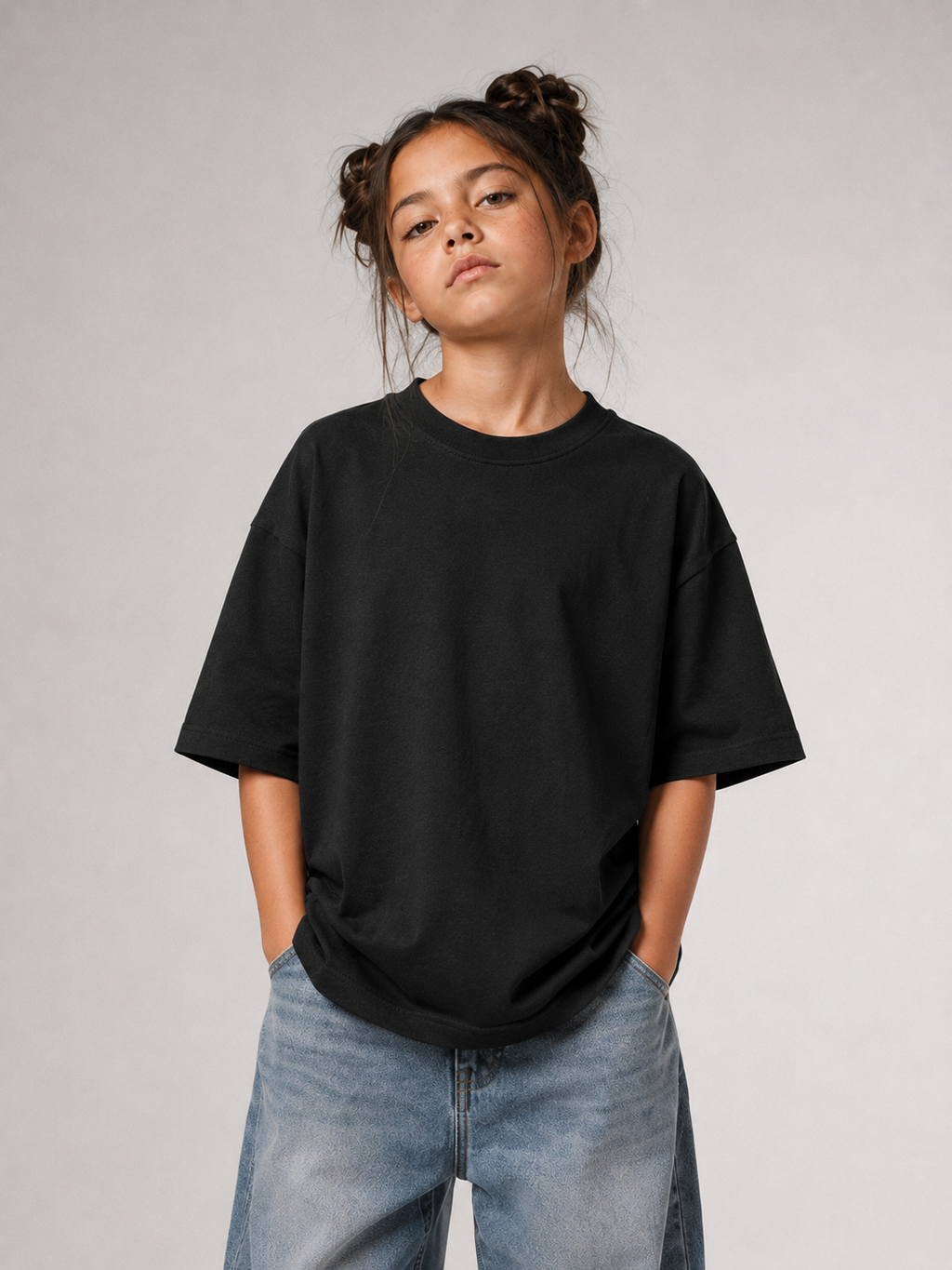 Mädchen von vorne im schwarzen Kids Oversize Shirt von BELOUD mit Drop-Shoulder-Schnitt