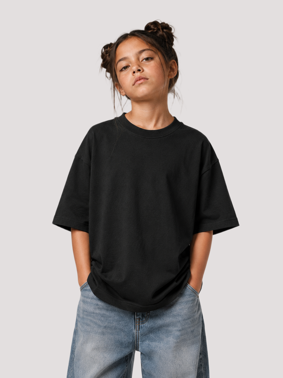 Mädchen von vorne im schwarzen Kids Oversize Shirt von BELOUD mit Drop-Shoulder-Schnitt