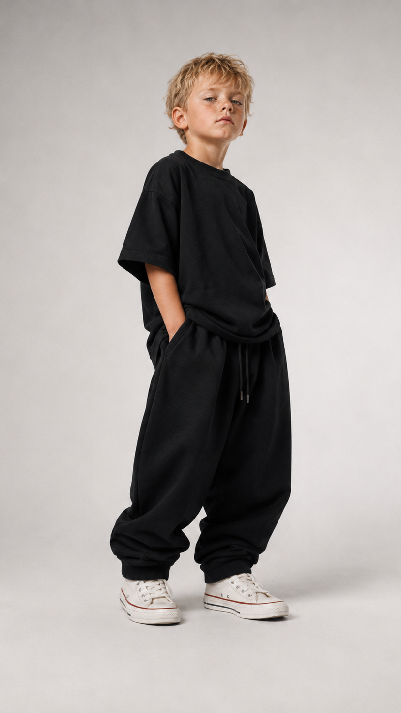 Kind im schwarzen GUCK MAL PAPA Oversize Shirt von BELOUD, Premium Kids-Streetwear