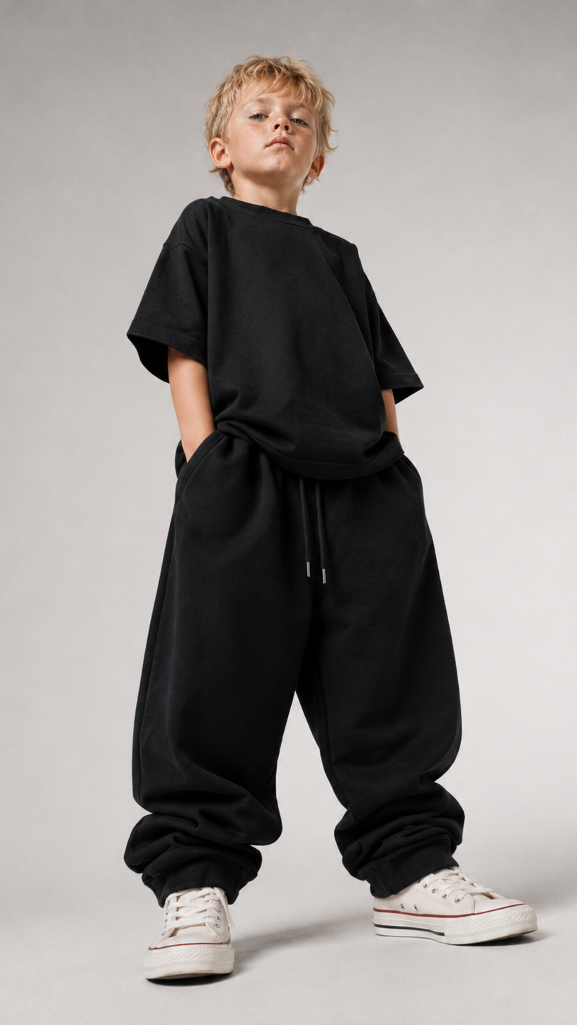 Kind im schwarzen GUCK MAL PAPA Oversize Shirt von BELOUD, Premium Kids-Streetwear