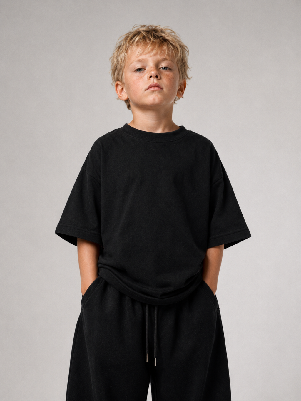 Kind von vorne im schwarzen GUCK MAL PAPA Oversize Shirt von BELOUD mit Drop-Shoulder-Schnitt
