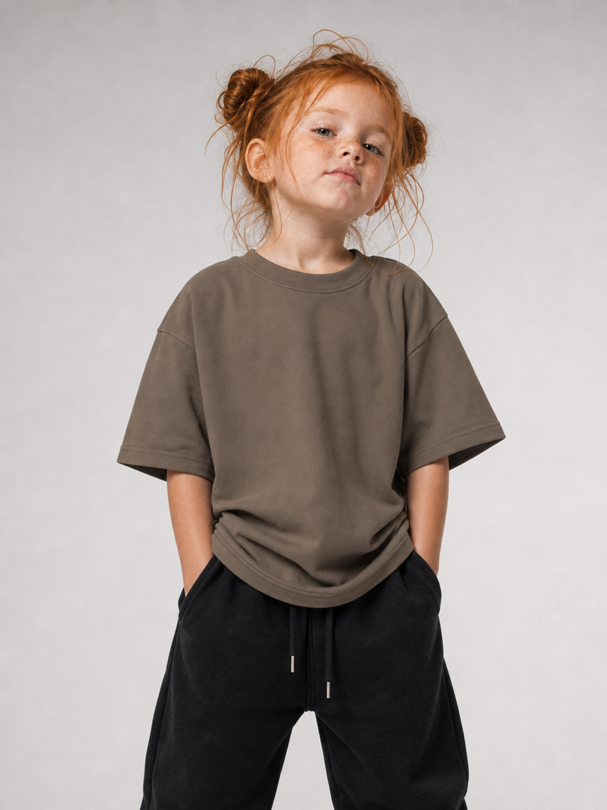 Mädchen von vorne im driftwoodfarbenen Kids Oversize Shirt von BELOUD mit Drop-Shoulder-Schnitt