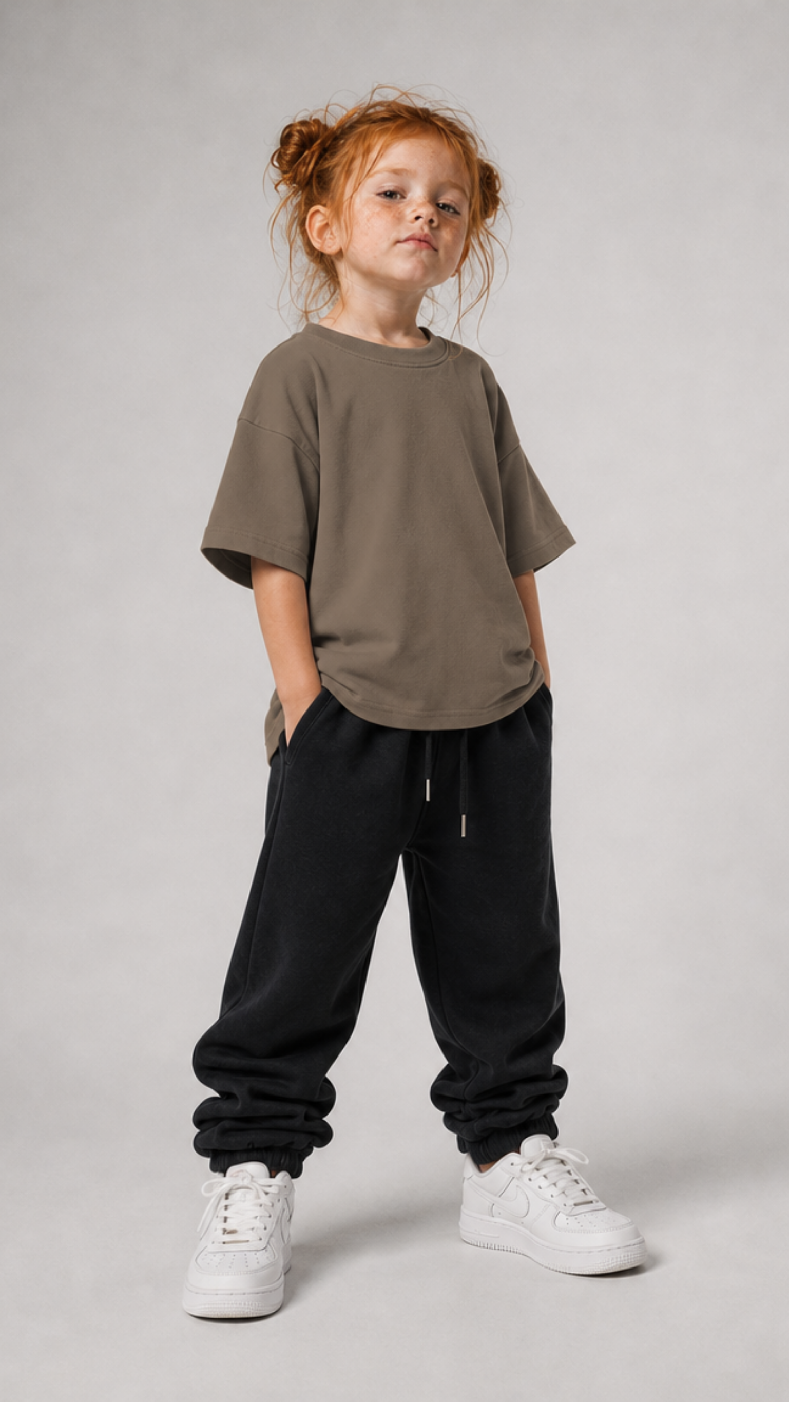 Mädchen von vorne im driftwoodfarbenen Kids Oversize Shirt von BELOUD mit Drop-Shoulder-Schnitt
