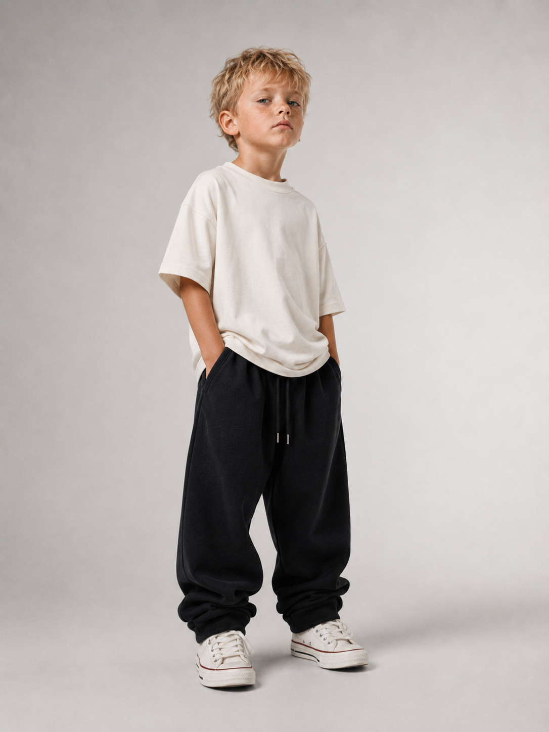Junge von vorne im cremefarbenen Kids Oversize Shirt von BELOUD mit Drop-Shoulder-Schnitt