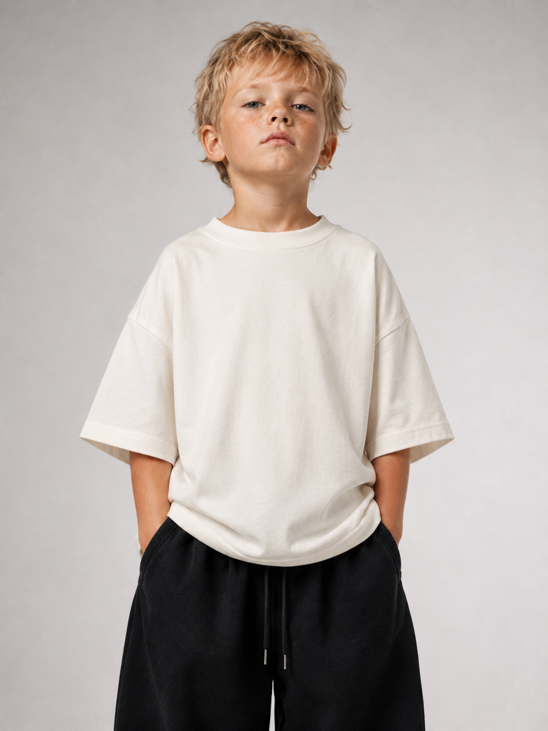 Junge von vorne im cremefarbenen Kids Oversize Shirt von BELOUD mit Drop-Shoulder-Schnitt