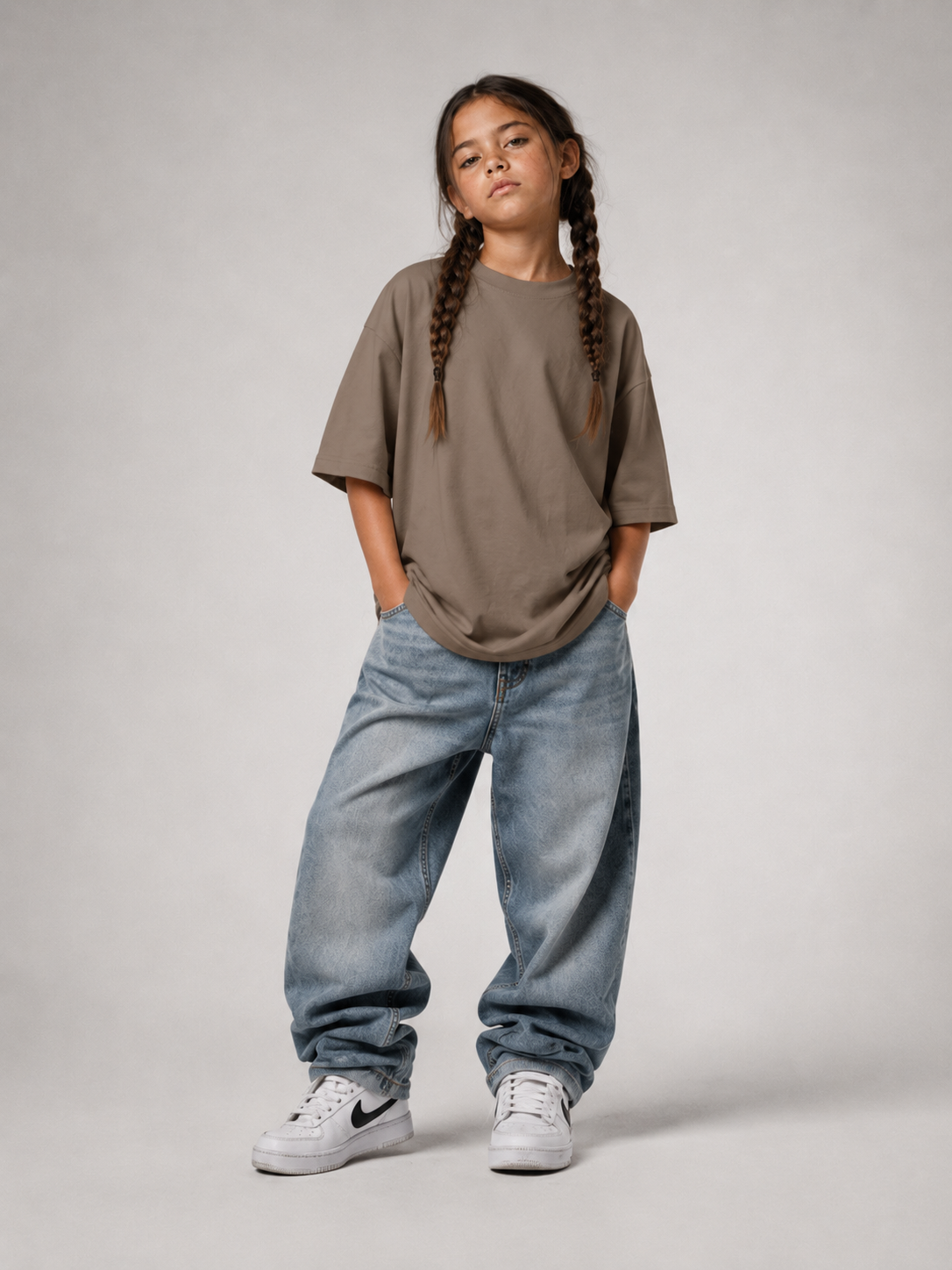 Mädchen im driftwoodfarbenen NO HOMEWORK JUST VIBES Oversize Shirt von BELOUD mit Drop-Shoulder-Schnitt