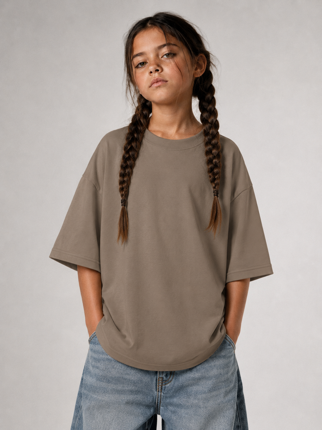 Mädchen im driftwoodfarbenen Kids Oversize Shirt von BELOUD mit Drop-Shoulder-Schnitt