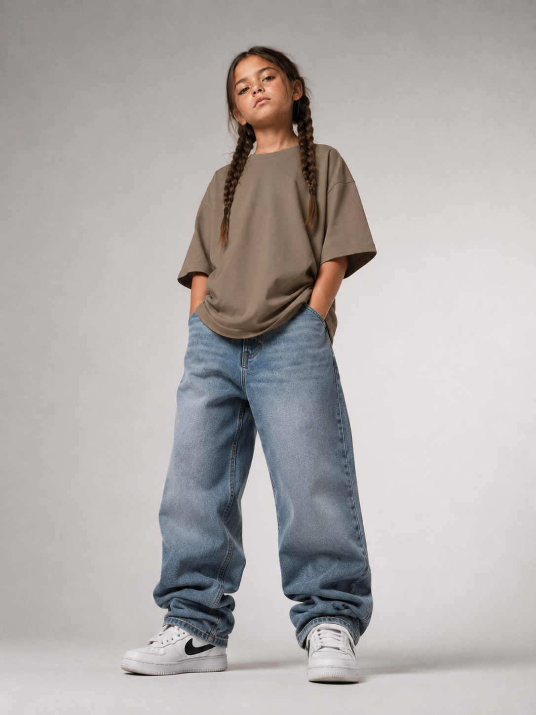 Mädchen von vorne im driftwoodfarbenen Kids Oversize Shirt von BELOUD mit Drop-Shoulder-Schnitt