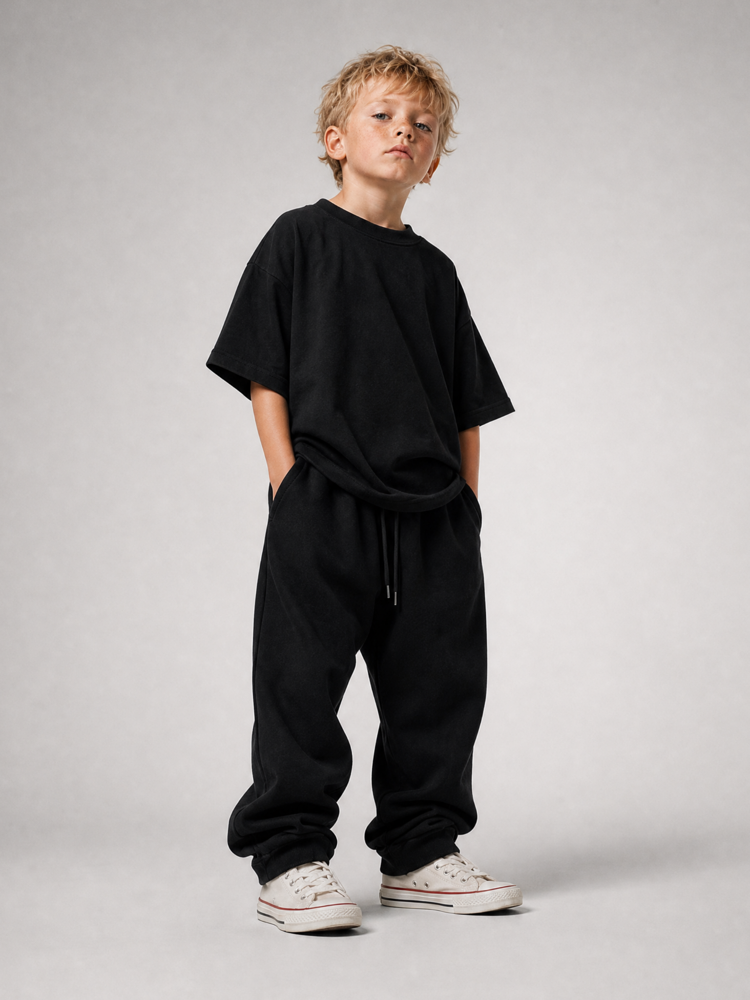 Junge im schwarzen NO TIME Oversize Shirt von BELOUD mit weißem Statement-Backprint