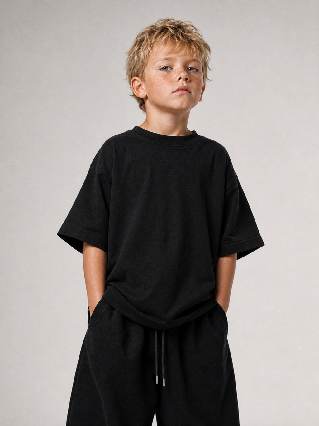 Junge von vorne im schwarzen Kids Oversize Shirt von BELOUD mit Drop-Shoulder-Schnitt