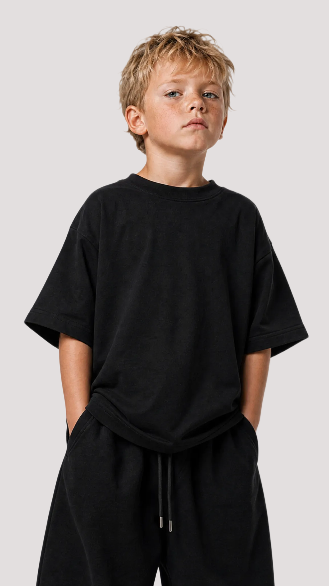 Junge von vorne im schwarzen Kids Oversize Shirt von BELOUD mit Drop-Shoulder-Schnitt