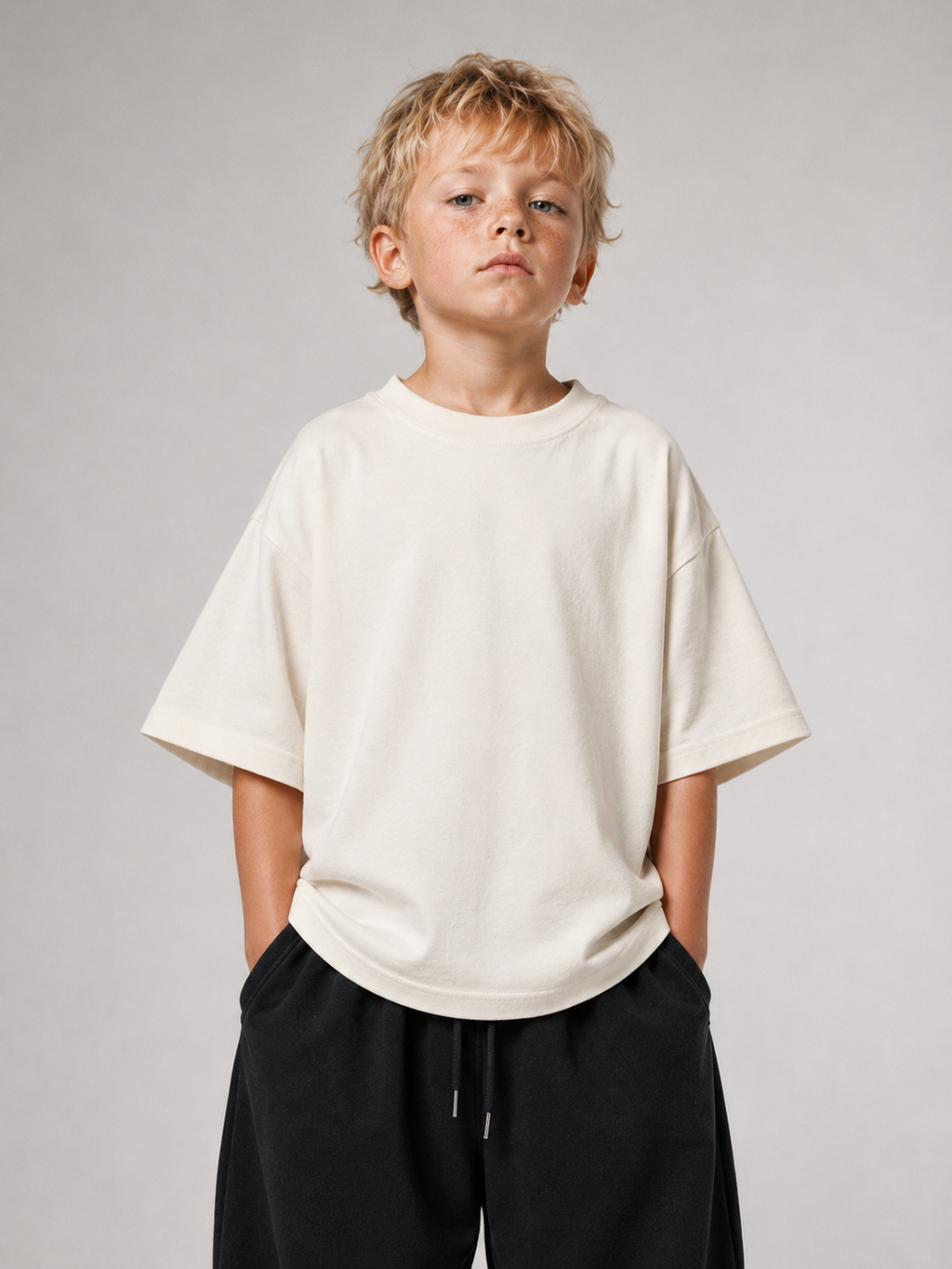 Junge von vorne im cremefarbenen Kids Oversize Shirt von BELOUD mit Drop-Shoulder-Schnitt