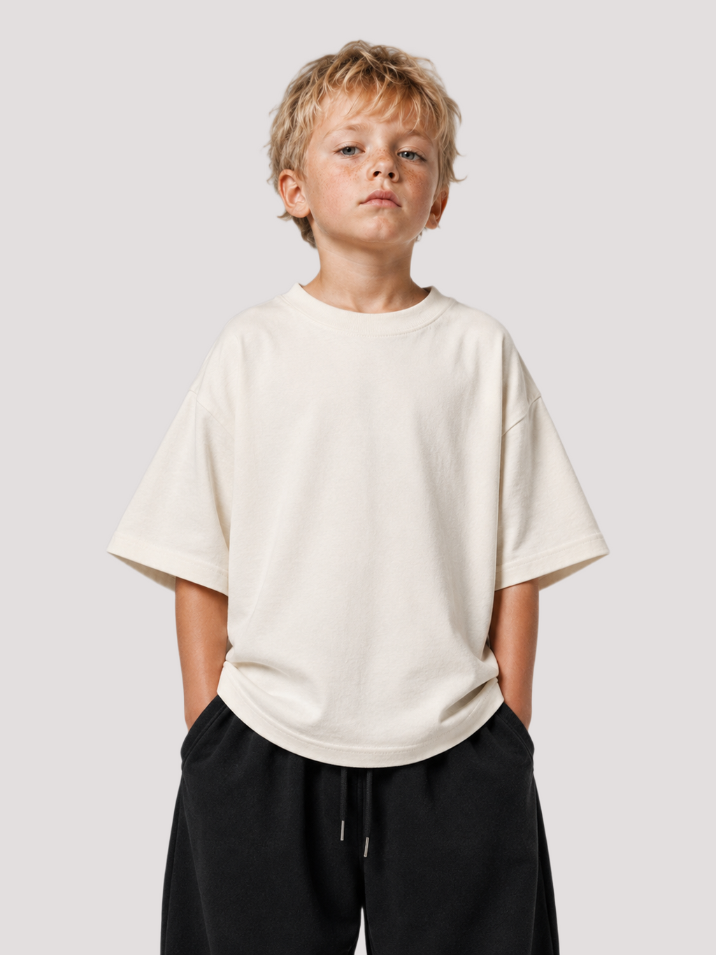 Junge von vorne im cremefarbenen Kids Oversize Shirt von BELOUD mit Drop-Shoulder-Schnitt