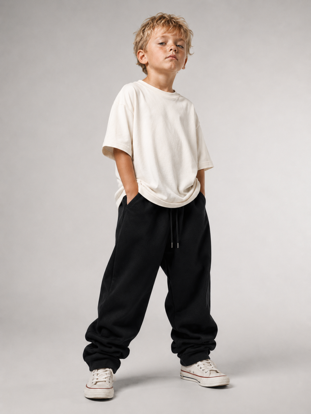 Junge von vorne im cremefarbenen Kids Oversize Shirt von BELOUD mit Drop-Shoulder-Schnitt