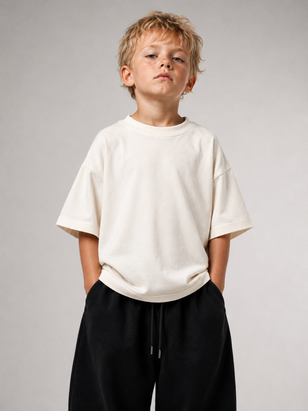 Junge von vorne im cremefarbenen Kids Oversize Shirt von BELOUD mit Drop-Shoulder-Schnitt