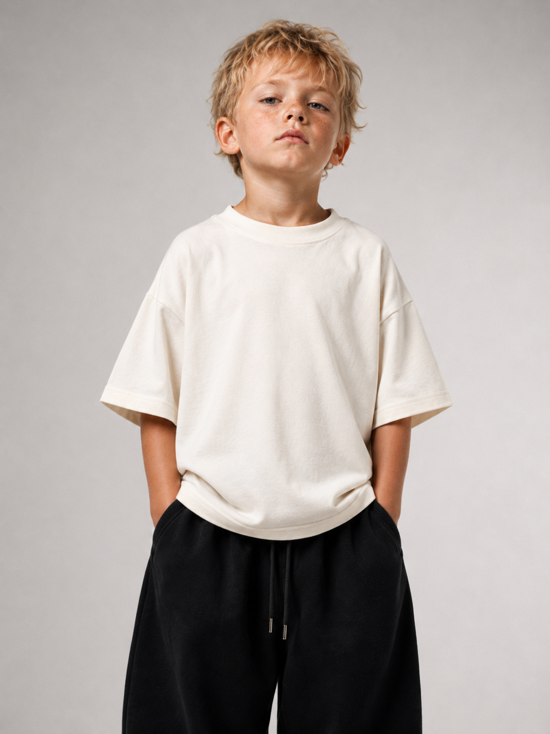 Junge von vorne im cremefarbenen Kids Oversize Shirt von BELOUD mit Drop-Shoulder-Schnitt