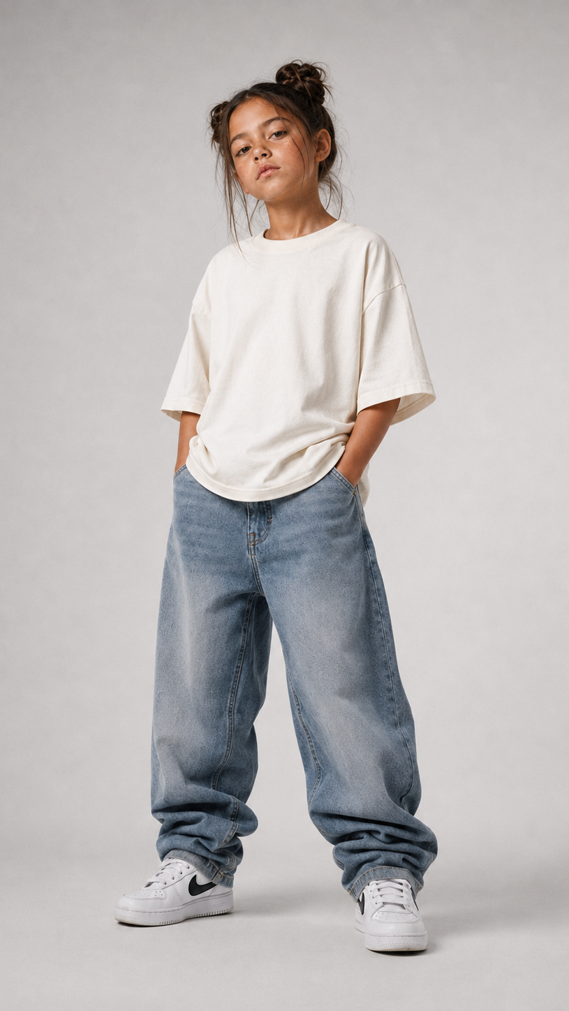 Kind im cremefarbenen SCHULKIND CLUB Oversize Shirt von BELOUD, Premium Kids-Streetwear
