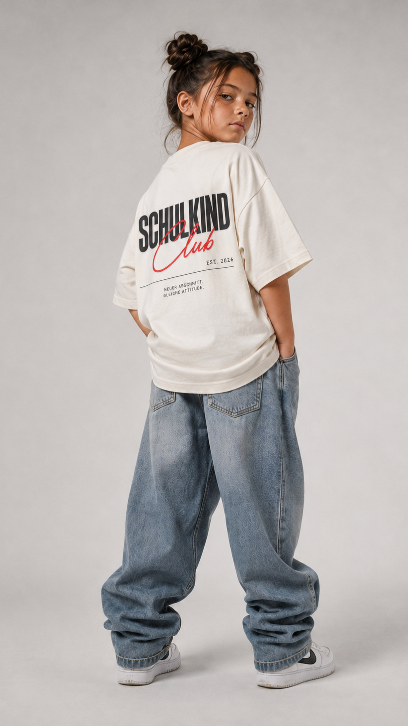 Kind im cremefarbenen SCHULKIND CLUB Oversize Shirt von BELOUD, Premium Kids-Streetwear