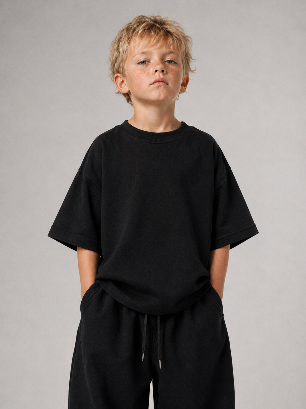 Junge von vorne im schwarzen Kids Oversize Shirt von BELOUD mit Drop-Shoulder-Schnitt
