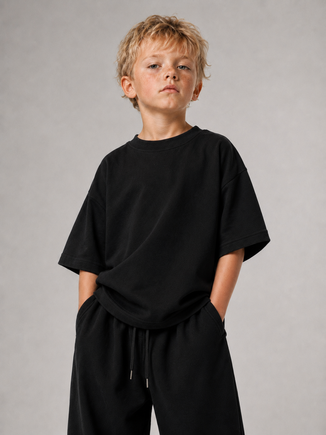 Junge von vorne im schwarzen Kids Oversize Shirt von BELOUD mit Drop-Shoulder-Schnitt