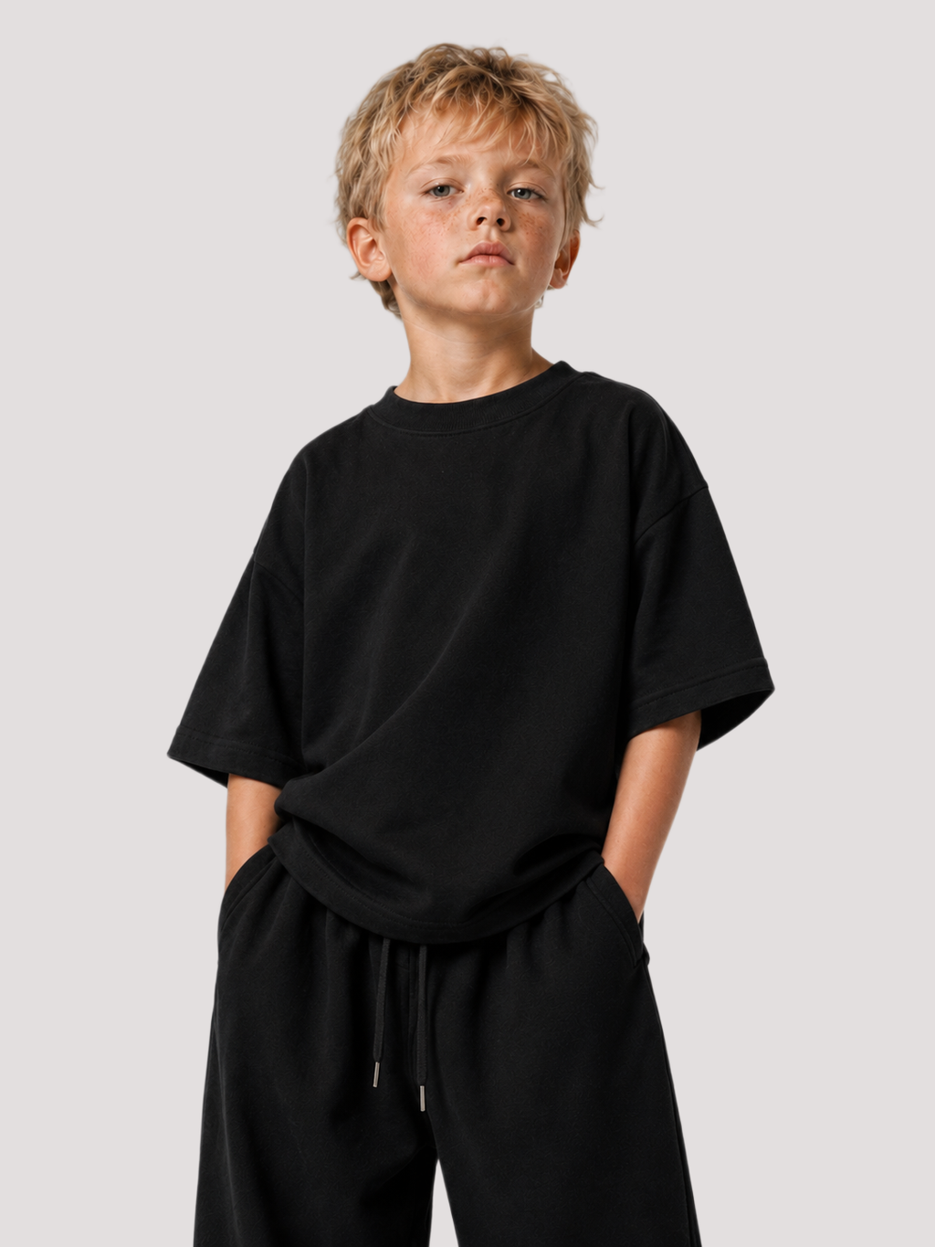 Junge von vorne im schwarzen Kids Oversize Shirt von BELOUD mit Drop-Shoulder-Schnitt