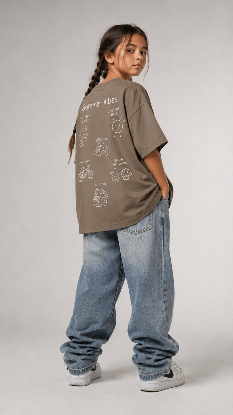 Mädchen von hinten im driftwoodfarbenen SUMMER VIBES '26 Oversize Shirt von BELOUD mit cremefarbenem Summer-Doodle-Backprint