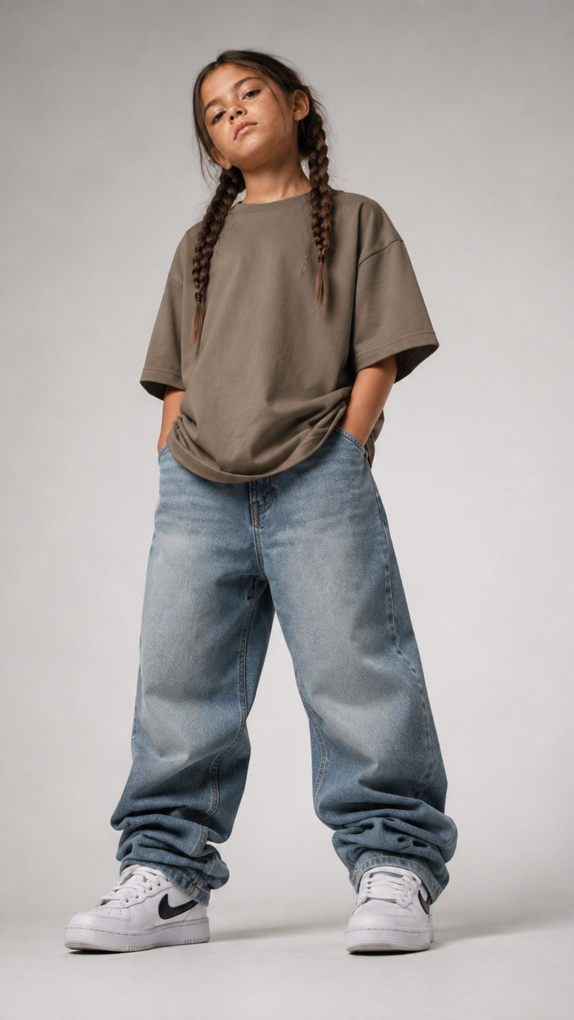 Mädchen von vorne im driftwoodfarbenen Kids Oversize Shirt von BELOUD mit Drop-Shoulder-Schnitt
