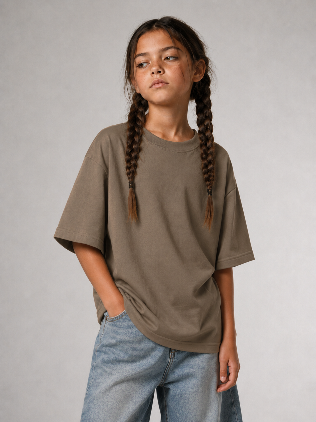 Mädchen von vorne im driftwoodfarbenen Kids Oversize Shirt von BELOUD mit Drop-Shoulder-Schnitt