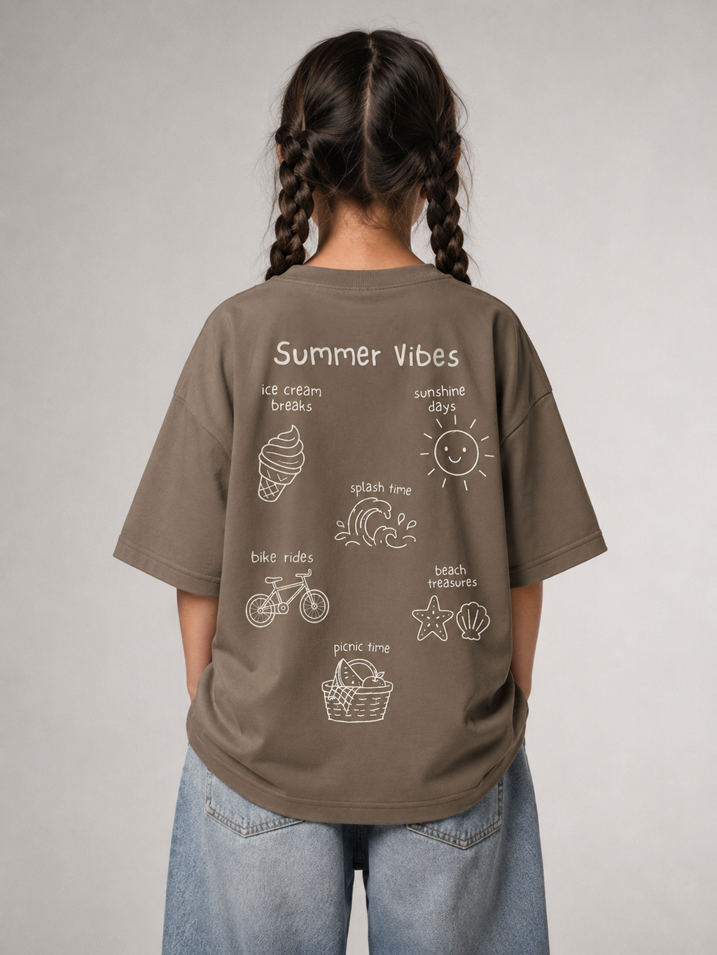 Mädchen von hinten im driftwoodfarbenen SUMMER VIBES '26 Oversize Shirt von BELOUD mit cremefarbenem Summer-Doodle-Backprint