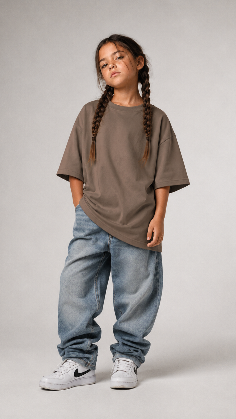 Mädchen von vorne im driftwoodfarbenen Kids Oversize Shirt von BELOUD mit Drop-Shoulder-Schnitt