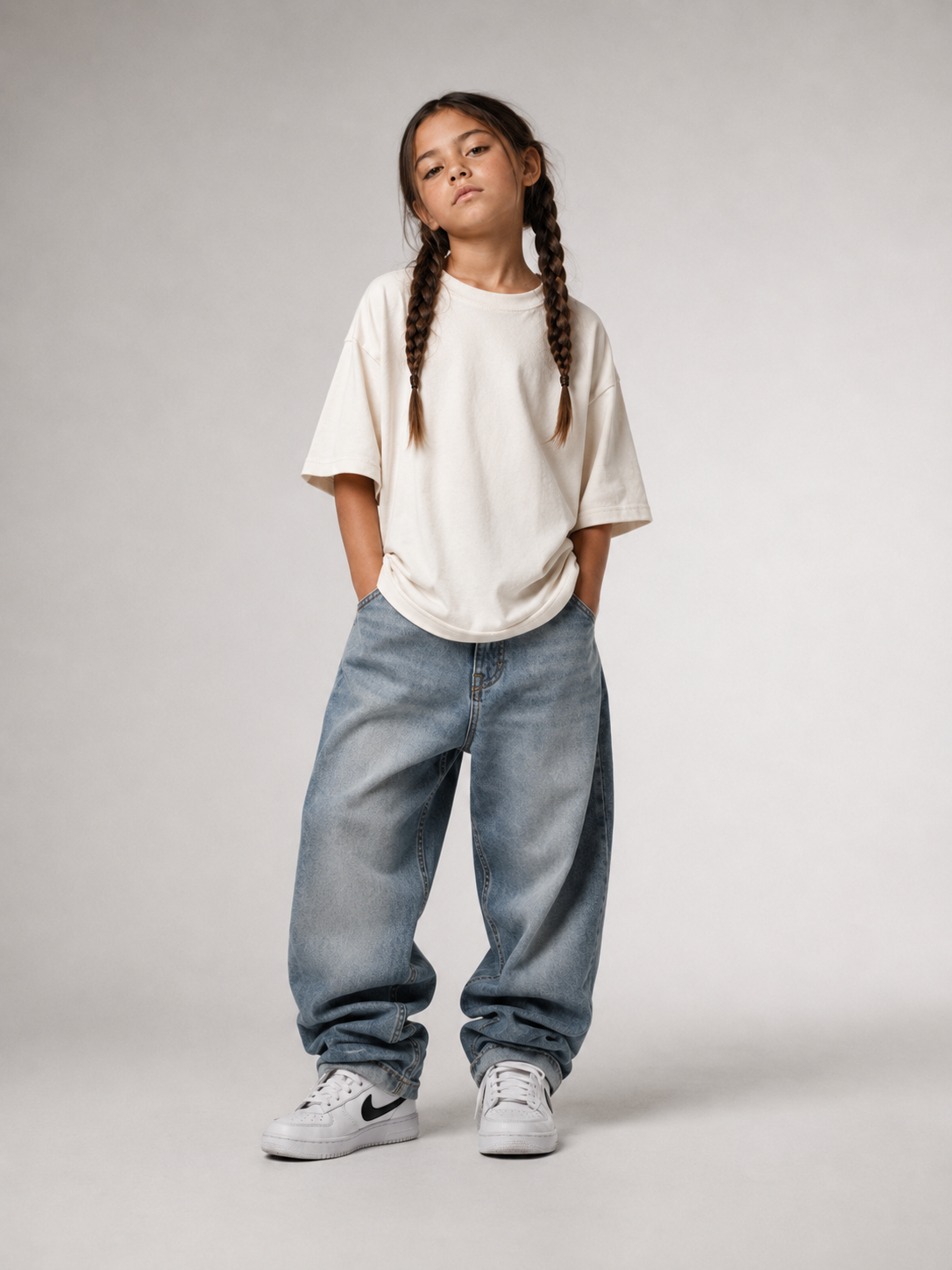 Mädchen von vorne im cremefarbenen Kids Oversize Shirt von BELOUD mit Drop-Shoulder-Schnitt