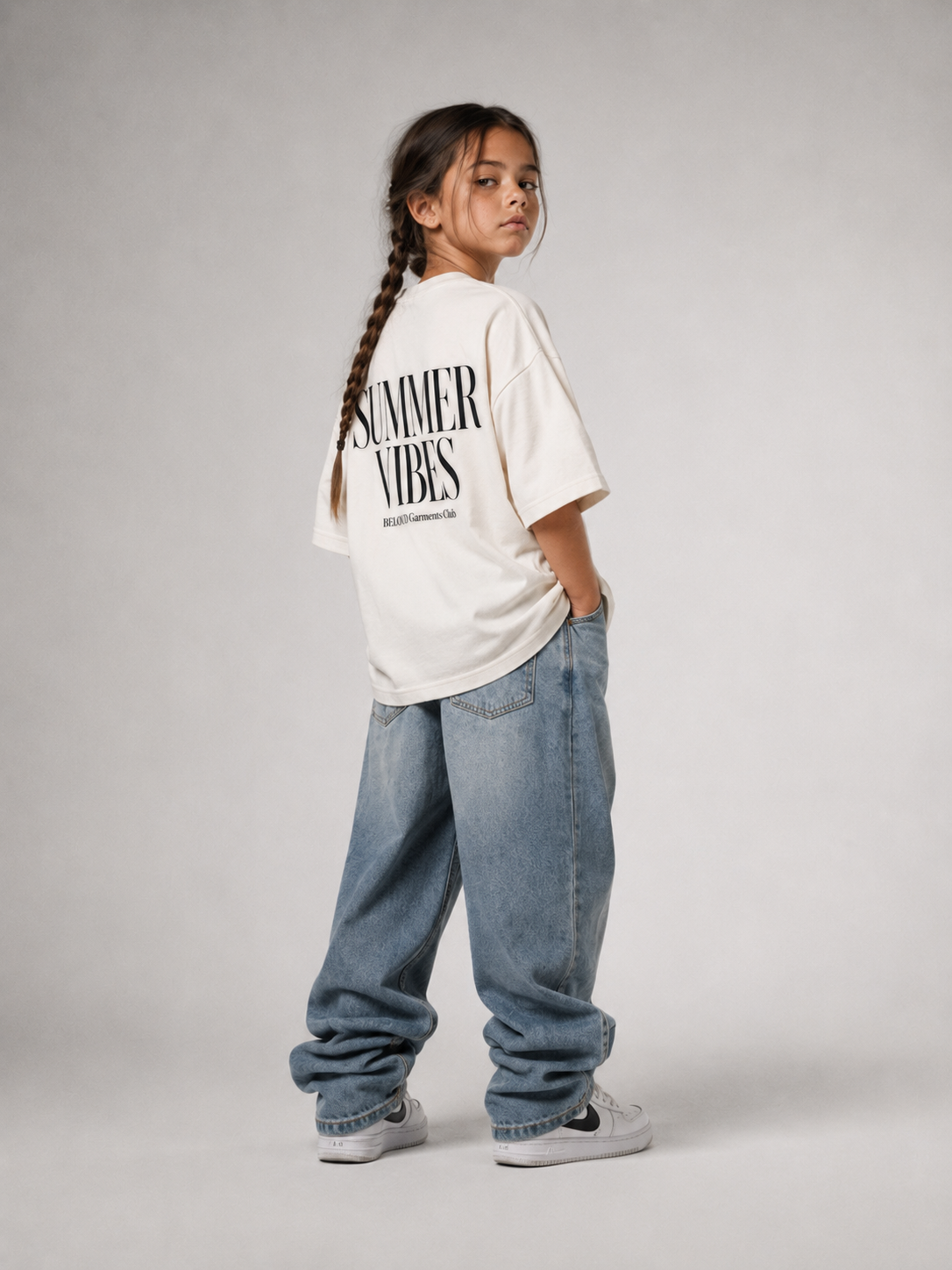 Mädchen von hinten im cremefarbenen SUMMER VIBES Oversize Shirt von BELOUD mit schwarzem Serif-Backprint